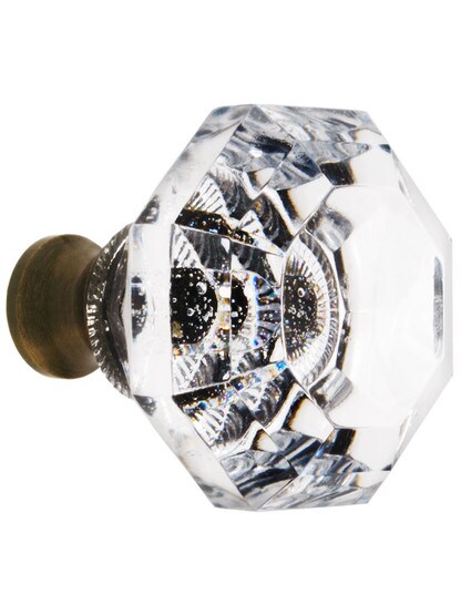 German Crystal Octagonal Knob With Solid Brass Base In Antique Brass.